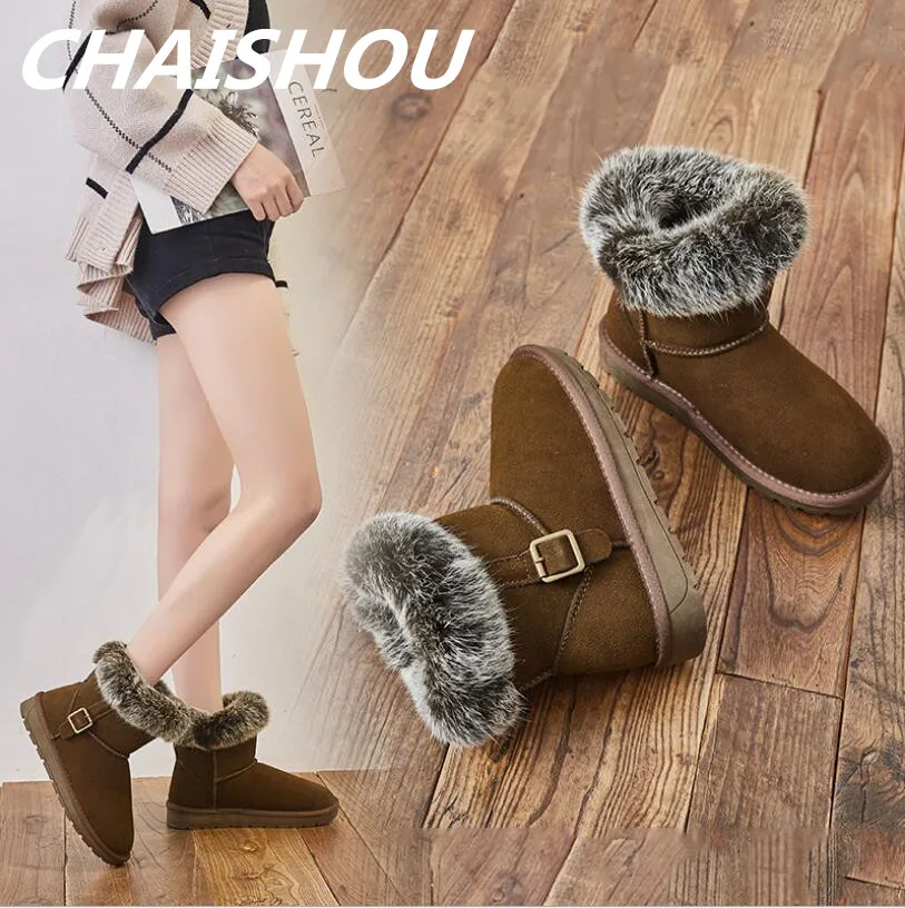 

CHAISHOU 2018 new winter boots women real snow boots platform Ankle buckle flat casual women's boots Botas Femininos