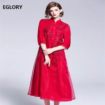 

White Red Vintage Prom Feminino Dress Autumn 2018 Women Exquisite Embroidery Three Quarter Sleeve Mid Calf Plus Size Dress 1950s
