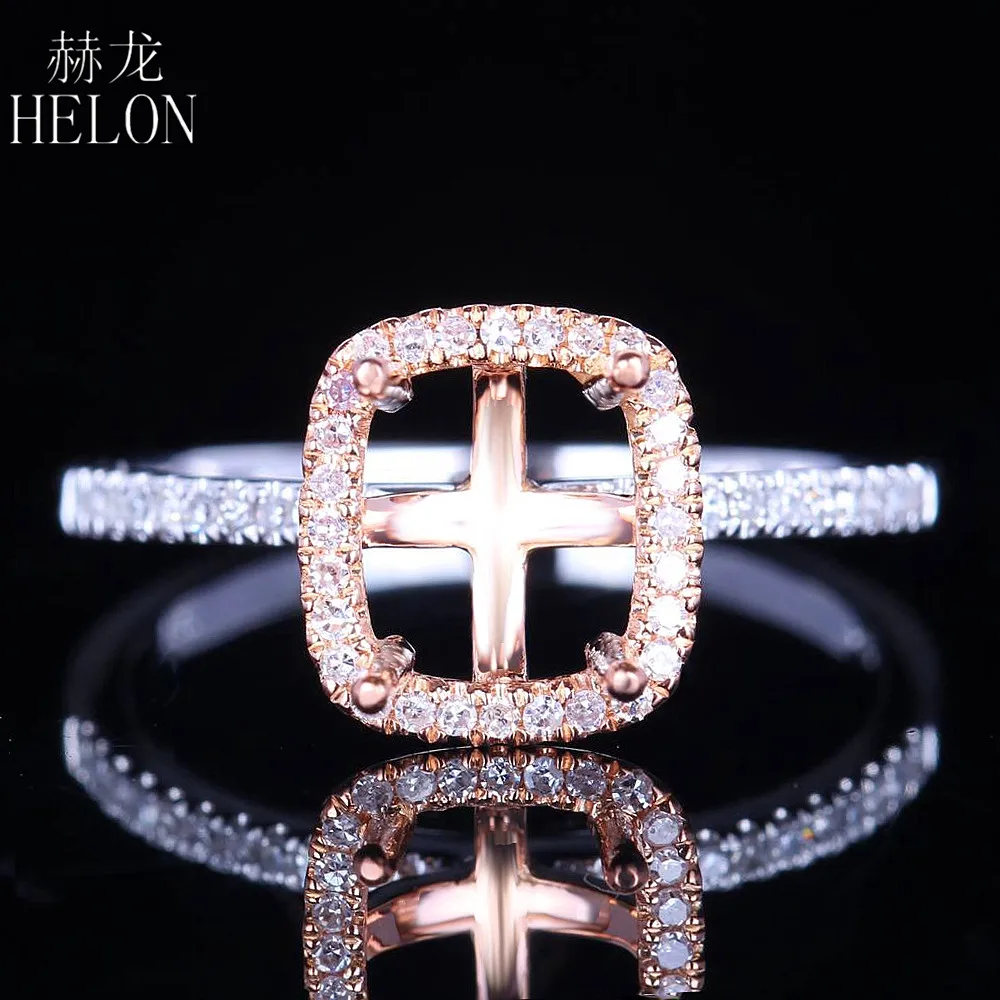 

HELON UNIQUE Cushion 7x6mm Solid 14K Two Tone Gold Pave 0.2ct Natural Engagement Semi Mount Wedding Ring Women's Fine Jewelry