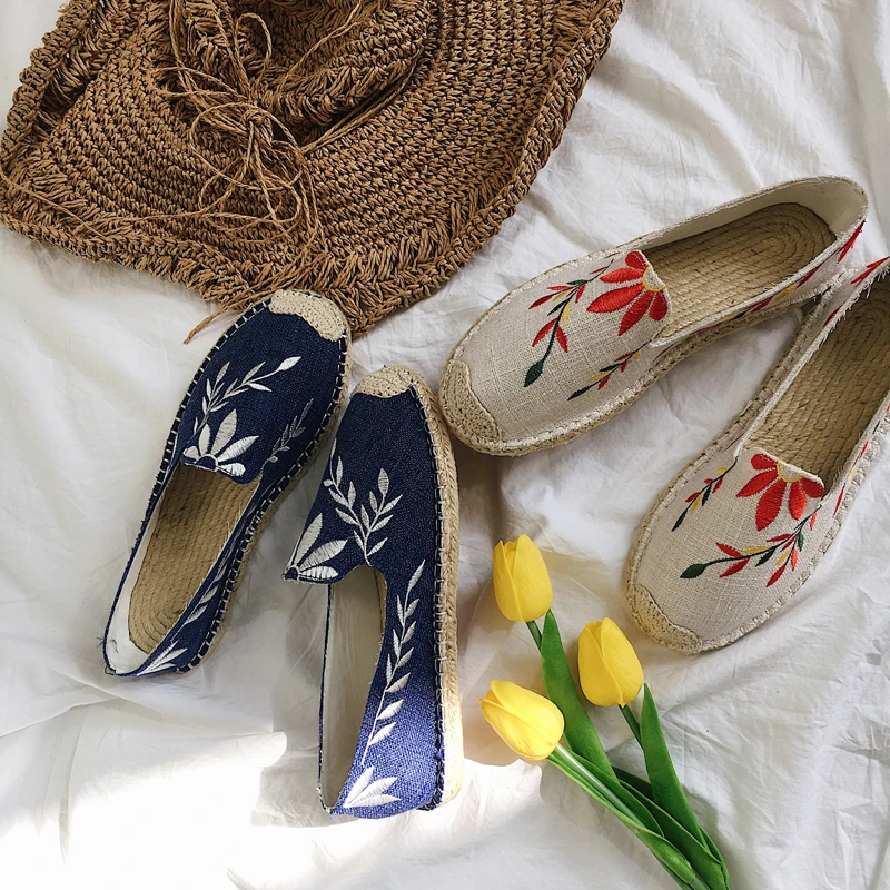 

Leaves patterns embroidery fisherman shoes women flat slip on loafers ladies creepers lazy single shoes mules flats espadrilles