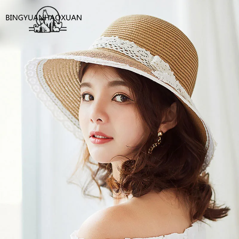 

BINGYUANHAOXUAN New Straw Hat Korean Lace Bow Summer Sun Beach Cap Foldable Large Sun Hat
