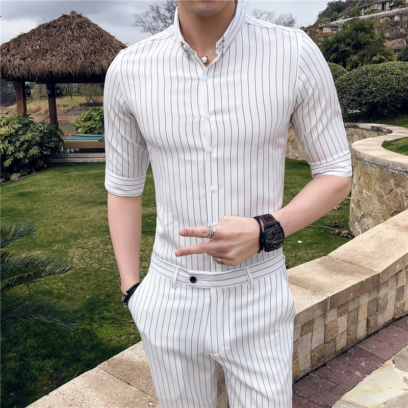 White Stripe Mens Shirts Dress Social Club Camisas Para Hombre Mens ...