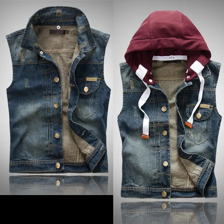 

Vintage Denim Motorcycle Vest Men With Hooded Ripped hole jean Waistcoat Slim Sleeveless Colete Masculino