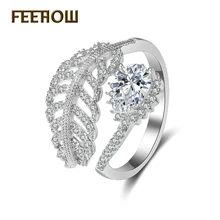FEEROW Luxury Silver Plated Open Finger Rings Gorgeous Cubic Zircon Leaf Shape Jewelry For Bridal Wedding FWRP009
