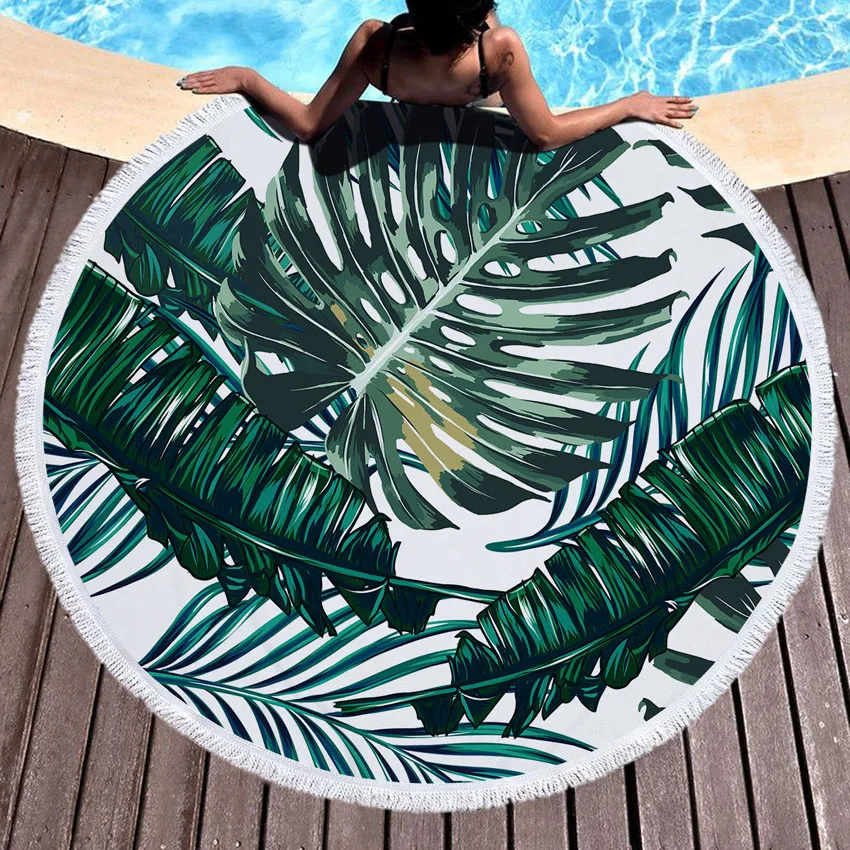 

Green Leaves 150cm Summer Round Beach Towel Microfiber For Adults Kids Bath Shower Towels Mat Bikini Cover Up With Tassels Soft