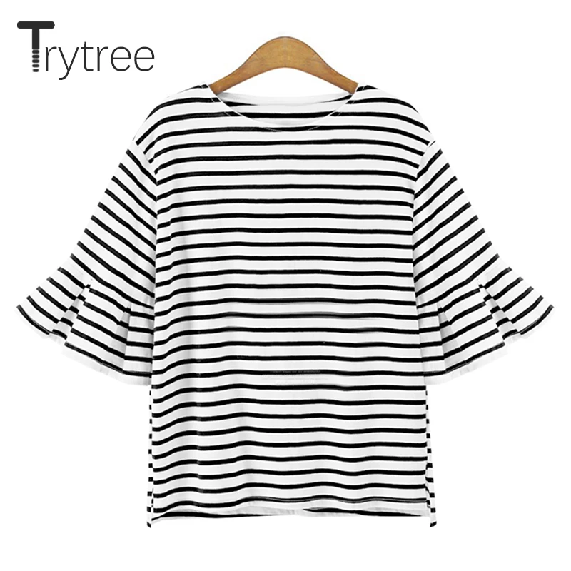 Trytree Весна Лето Топ Женская футболка Повседневная полиэфирная рубашка полосатые