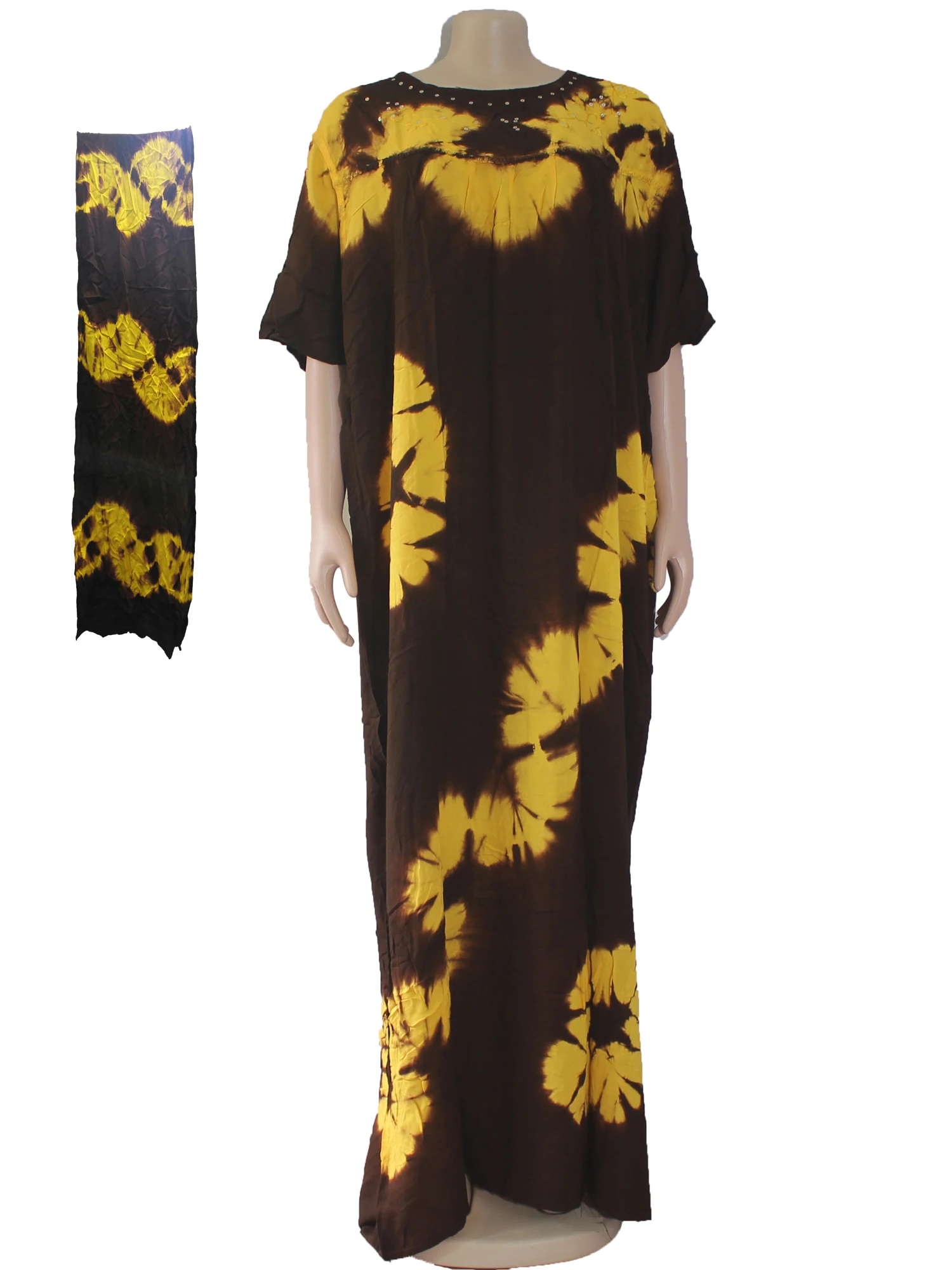 

Plus size Tie dye XXXL large Long dress Diamond Sequin Golden Black Soft Cotton Dress with a Scarf