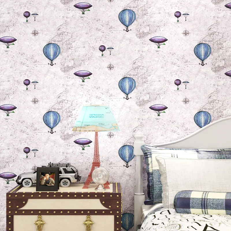 

Modern Cartoon Blue Green Grey Balloon Wallpaper Roll For Kids Room Non Woven World Map Wall Paper Roll for Baby Boy Room Walls