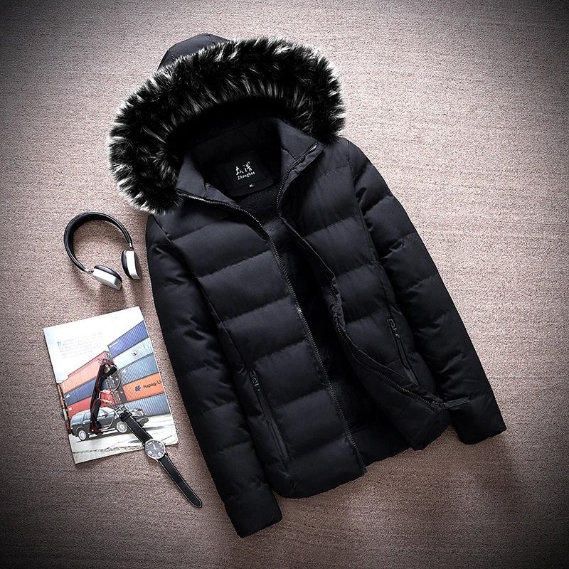 

Warm Winter Thick Coat Hooded Jackets Windbreakers Overcoat Solid Color Male Parkas Hat Detachable Cotton-Padded Outerwear 471