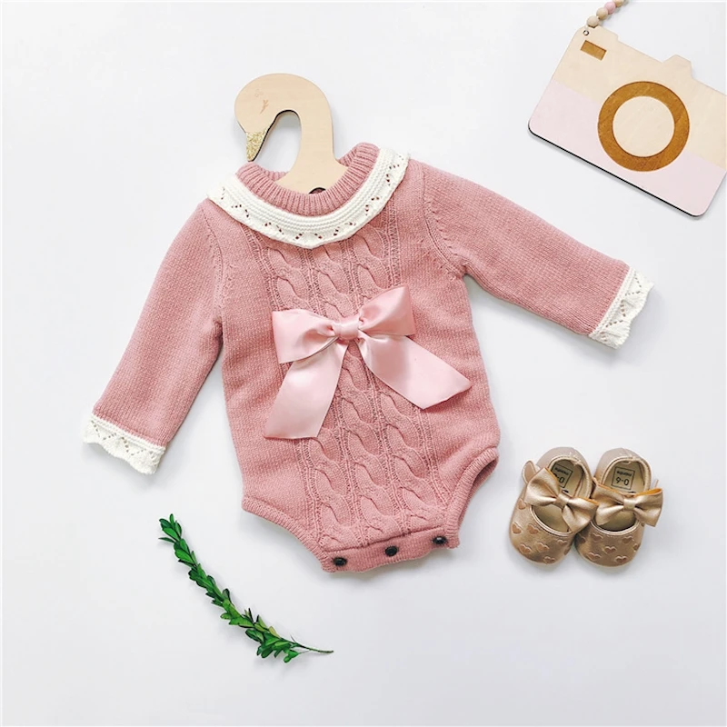 

2019 Baby Girls' Sweater Sweet Newborn Babies' One-Pieces Girl's Top Pullover Clothes Ribbon Bow Tie Princess Girl Sweater