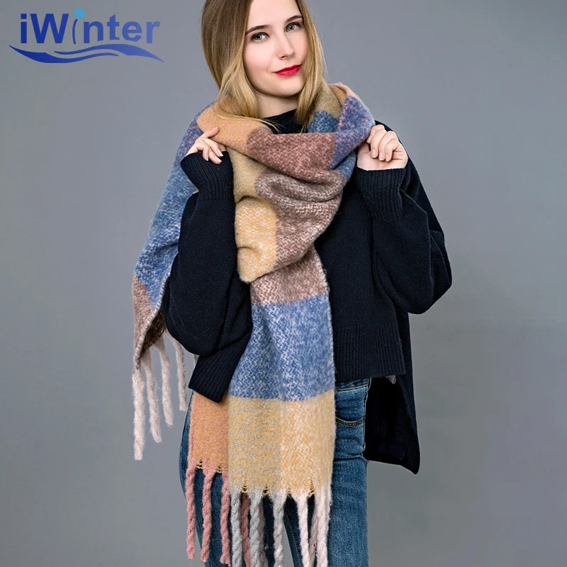 IWINTER модный зимний шарф для женщин Plaid Pattern Хлопок Шарфы Женский шаль Тассел Шарфы для женщин Толстый шарф