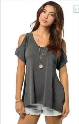 Deep Grey AliExpress лидер Летних Продаж пикантные с открытыми плечами футболки в западном стиле V шеи без бретелек неровный подол «рыбий хвост» футболка с короткими рукавами красный - Цвет: Deep Grey