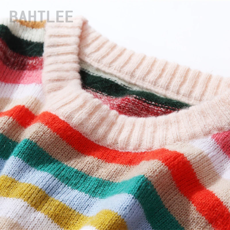 BAHTLEE осенний женский мохеровый шерстяной пуловер, свитер, свободный стиль, круглый вырез, длинный рукав, модный бренд, цветной блок, Радуга
