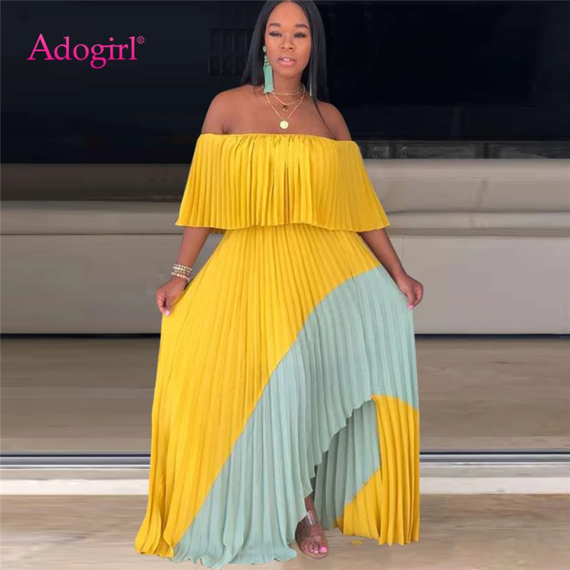 

Adogirl Color Patchwork Maxi Pleated Dress Elegant Women Slash Neck Ruffle Off Shoulder Long Evening Party Dress Fashion Clothes