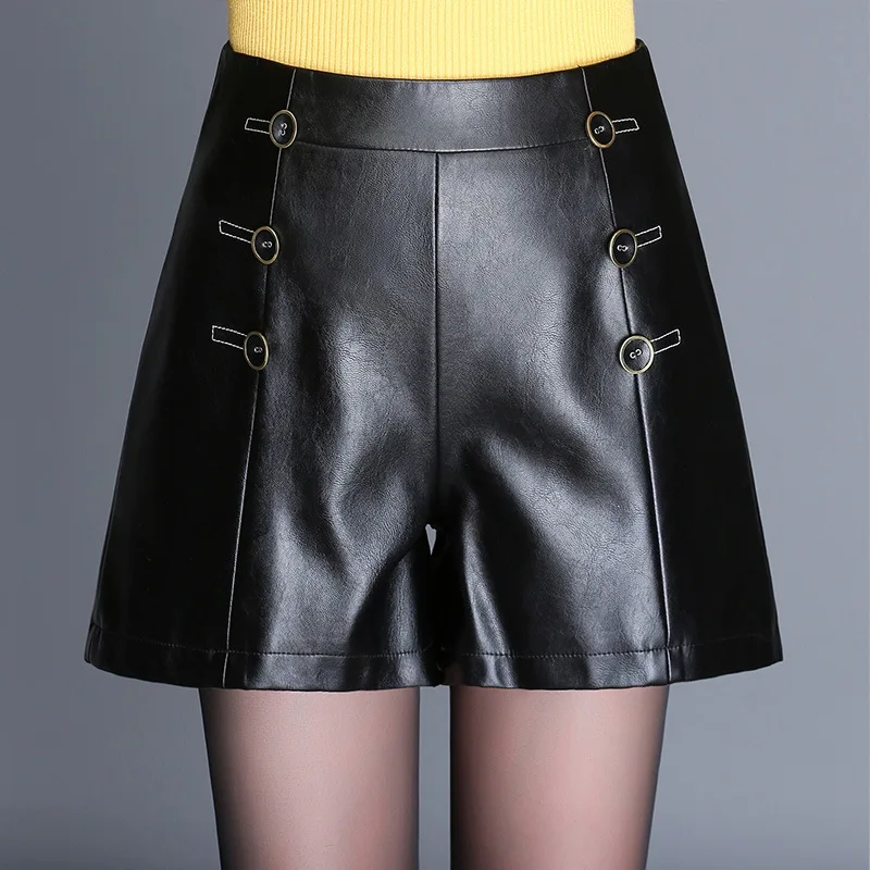 Shuchan корейские шорты для женщин; большие размеры Высокая Талия Короткие штаны с карманами из искусственной кожи короткие Feminino осень зима 2018