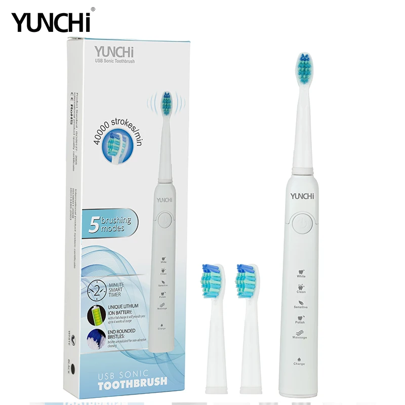 

Yunchi Ultrasonic Electric Toothbrush Replaceable Brush Heads USB Charging Rechargeable Daily Clean Whitening Teeth Gum Care