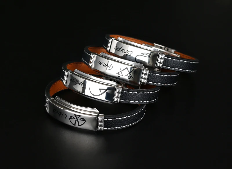 Liujun Mens Bracelets,Fashion 12 Zodiac Signs Constellations Stainless Steel Personality Vintage Punk Black Leather Bracelets for Men Women