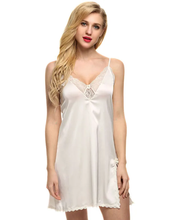 Ekouaer женская сексуальная ночная рубашка с глубоким v-образным вырезом, кружевное Ночное платье, атласная ночная рубашка, ночная рубашка, летняя повседневная женская домашняя одежда