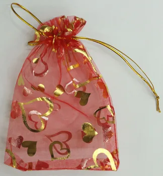 

ALY Wholesale 100pcs/lot 9x12cm Heart Gold Bronzing Organza Bags Red Jewelry Packaging Bags Wedding Favor Gift Candy Pouches