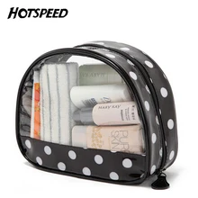 Korean Kawaii Woman Light Transparent Makeup Bag Vintage Black Polka Dot Trolley Travel Beauty Cute Vanity Cosmetic Bag