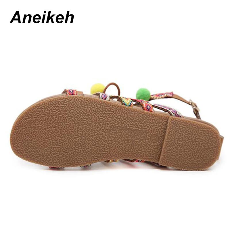 Cruz Zapatos Boho Mujer Brown Flip Pompón Bohemio Flop Borla Correa Casual Gladiador Étnica Mujeres Planas Romano Aneikeh Sandalias PYqw5Y