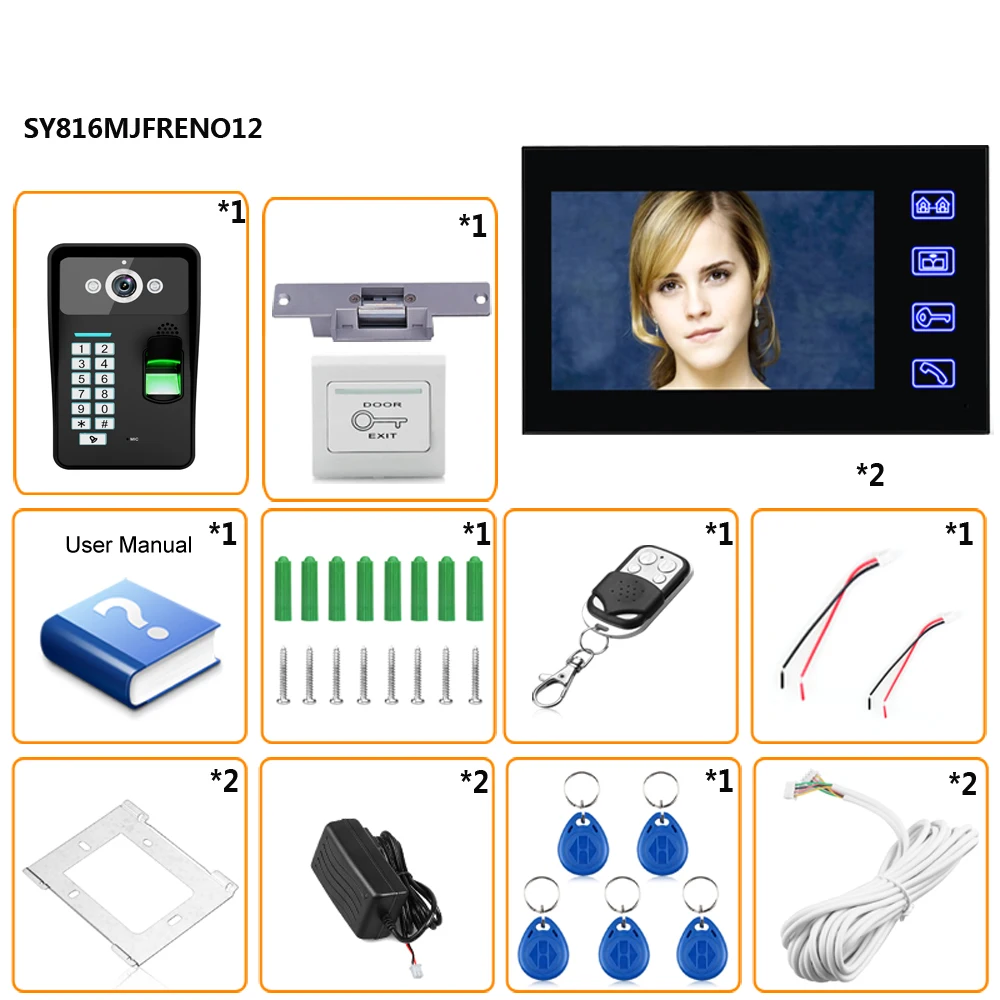 7 "TFT 2 Мониторы распознавания отпечатков пальцев видео домофон системы комплект + Электрический удар замок беспроводной Дистанционное