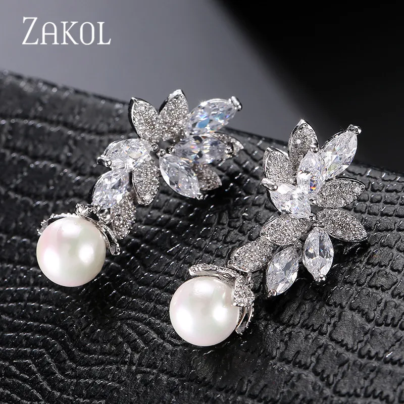 ZAKOL Fashion Design Elegant Female Jewelry White Gold CZ Drop Earings With Imitation Pearls For Gift FSEP568