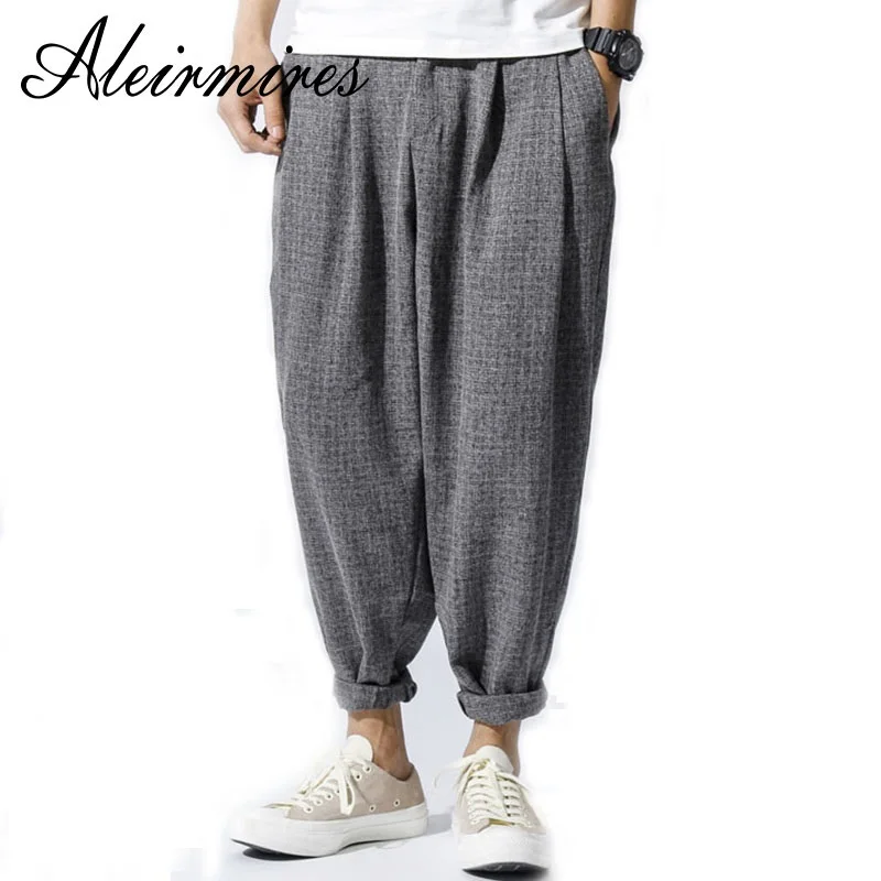 

Men Linen Harem Pants Hip Hop Loose Drop Crotch Casual Pants Ankle Length Streetwear Mens Low Crotch Pants Elastic Waist