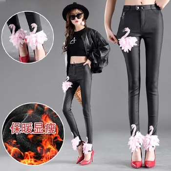 

2018 New Spring Thick Velvet Women PU Leather Pants Slim Waist Female Long Trousers Winter Warm Leather Pencil Pants for Ladies