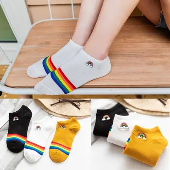 

Women Teen Girls Summer Thin Harajuku Cotton Short Ankle Boat Socks Sunny Rainbow Bridge Embroidery Skateboard Non Slip Hosiery