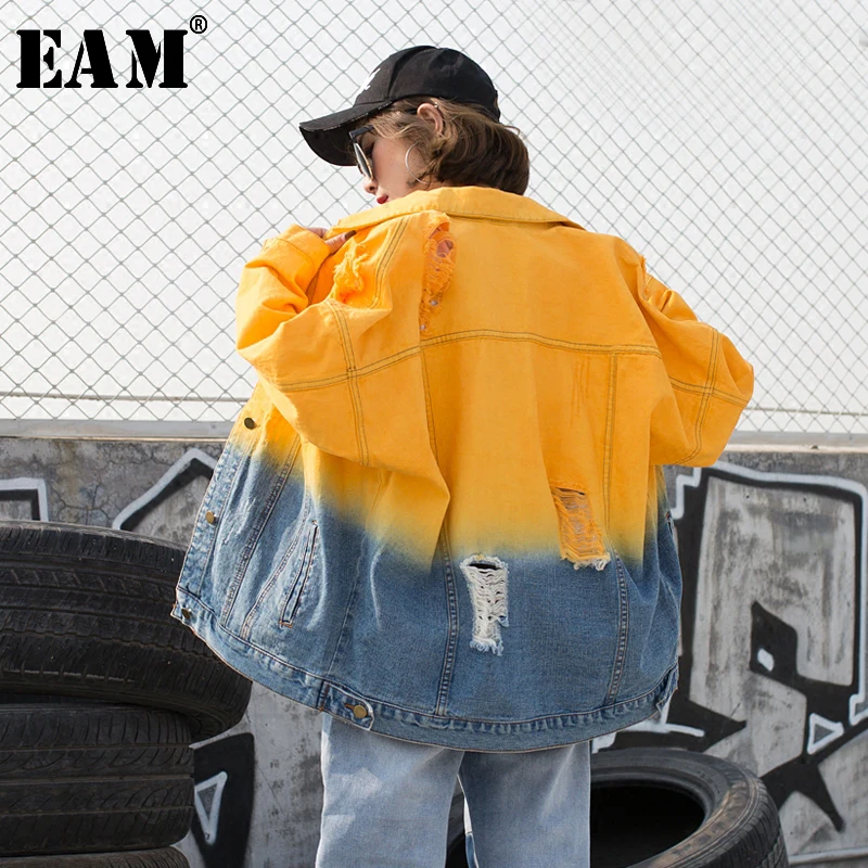 

[EAM] 2019 New Spring Lapel Long Sleeve Yellow Hit Color Loose Large Size Denim Jacket Women Coat Fashion Tide JI803