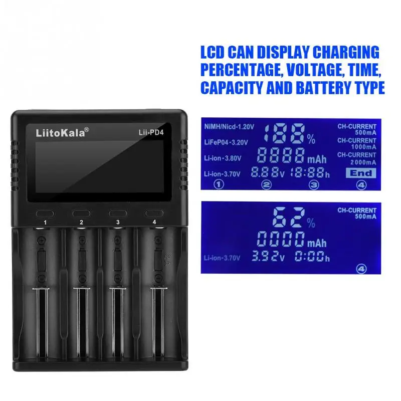 LiitoKala Lii-PD4 18650 Battery charger for 18650 26650 21700 18350 AAA AA 3.7 v / 3.2 v / 1.2 v /1.5 v of lithium NiMH battery LiitoKala Lii-PD4 18650 Battery charger for 18650 26650 21700 18350 AAA AA 3.7 v / 3.2 v / 1.2 v /1.5 v of lithium NiMH battery