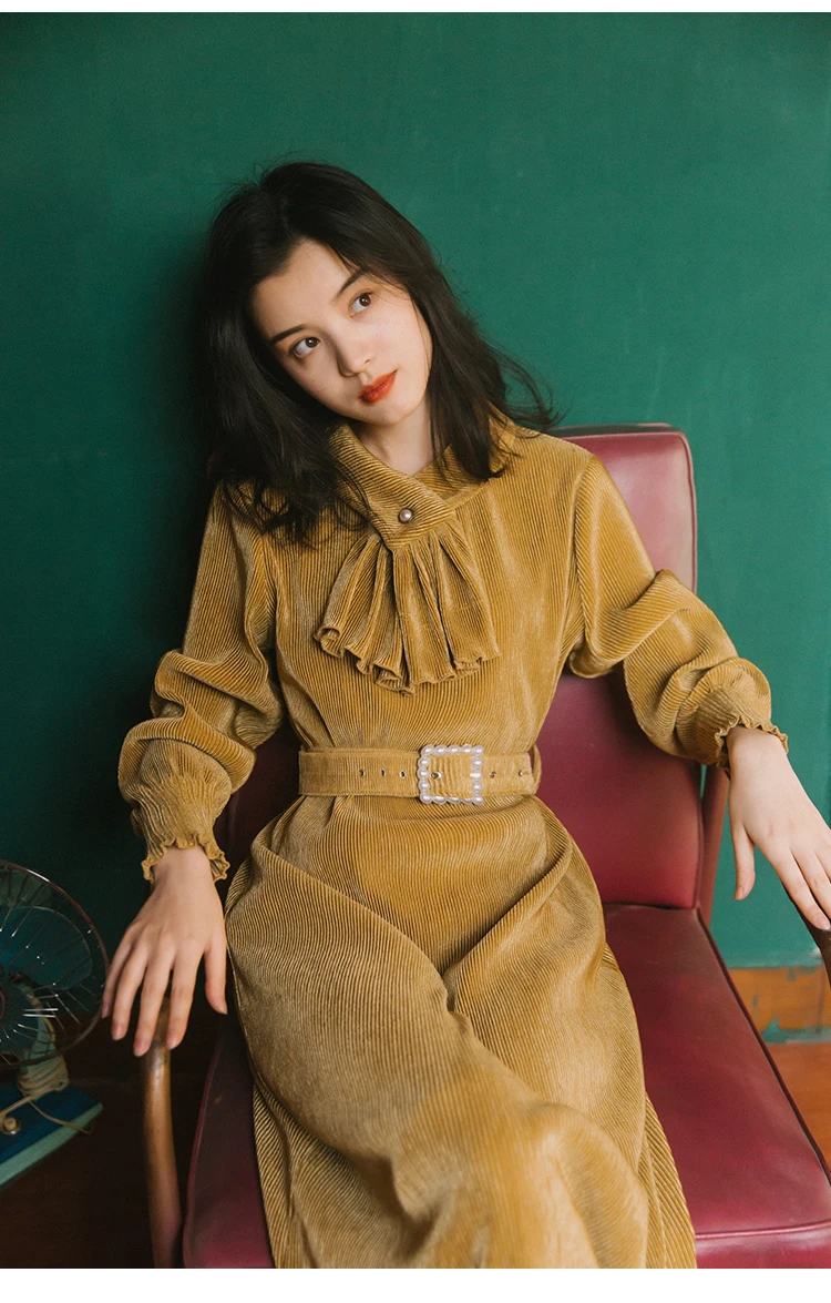 

Elegant Office Lady Long Dress With Belt Solid Empire Scarf Collar Vintage High Street Dresses For Large Size Women Vestidos