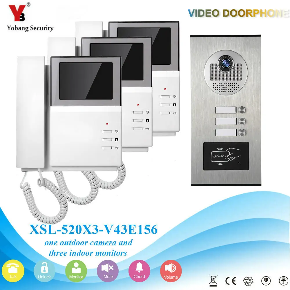 

YobangSecurity Video Door Intercom 4.3 Inch Video Door Phone Doorbell Camera System RFID Access Door Camera For 3 Unit Apartment