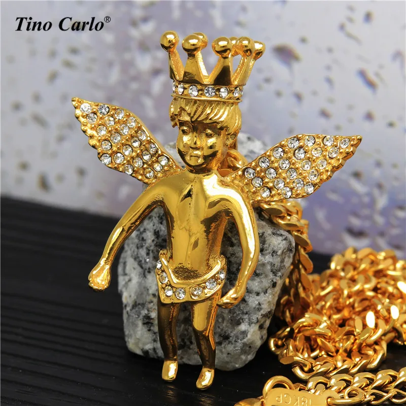 Jual Panas Putra Mahkota Malaikat Kalung 316L Baja Emas Iced Keluar Wing Malaikat Raja Liontin Mewah Anak Laki-laki HIPHOP kalung JL1102-Internasional