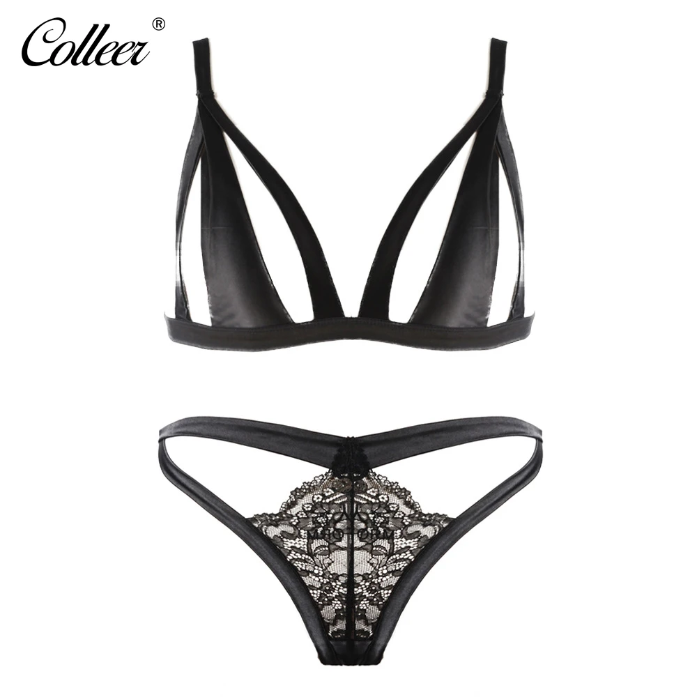 COLLEER Women Lace Bra Set Strap Sexy Hollow Out Transparent Satin Push Up Bralettes Underwear Thong