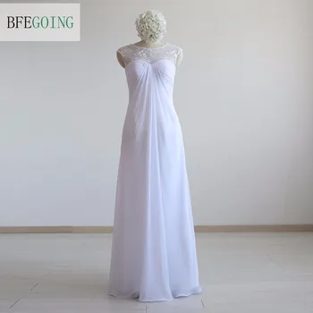 

White Chiffon Lace Long A-line Formal Evening Dress Floor-Length Sleeveless Real Pictures Custom made