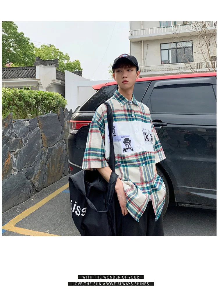 2019 Весна и лето новая корейская мода прилив мужской свободный Качественный хлопок клетчатый узор Студенческая Повседневная Спортивная