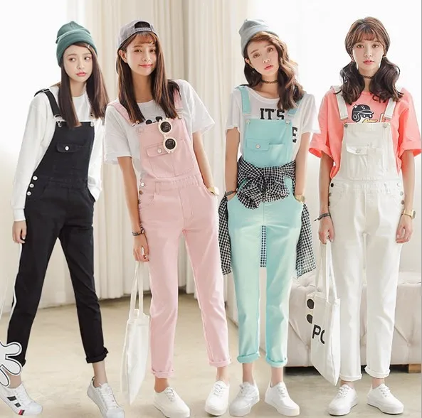 Black White Pink Green Candy Color Women Jumpsuit Slim Moveable Strap Rompers Casual Denim Overalls Big Pockets Jeans Pants