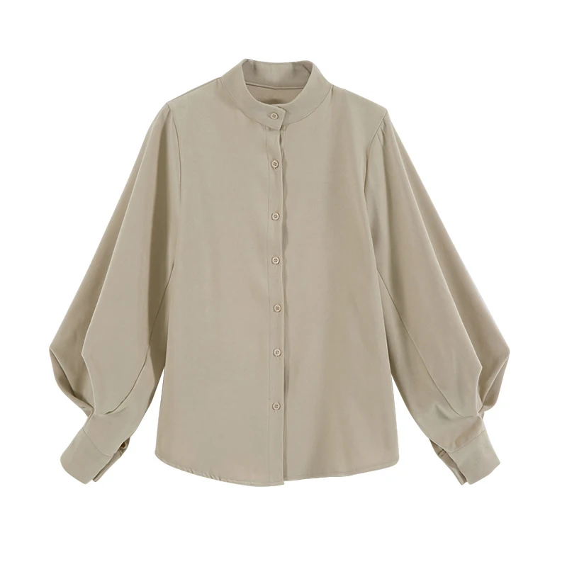 

PERHAPS U puff sleeve long sleeve mandarin collar solid khaki brown shirt B0148