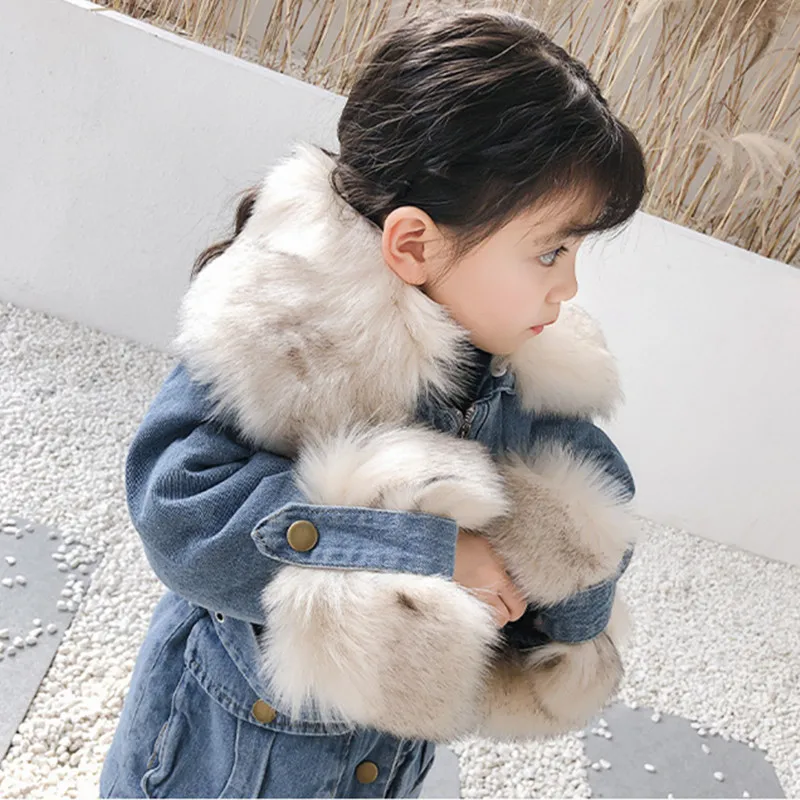 

Children Winter Jackets Coats New High Quality Denim Long Zipper Lamb Cashmere Velvet Thicken Warm Kids Girl Outwear For 2-7Year