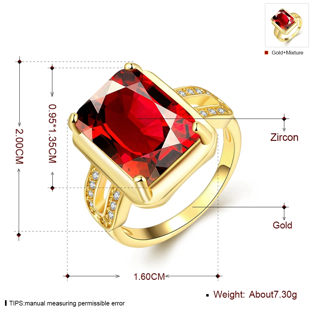Classic Square CZ Women Ring Gold Color Red Cubic Zircon Rings For Party Women Accessories New (JewelOra RI102009)