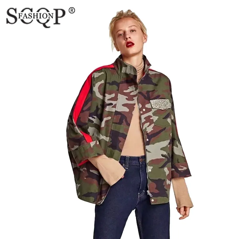 SCQP FASHION Womens Camouflage Jacket Long Sleeve Stand Collar Army