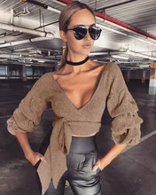 Seily Women V Neck Long Sleeve Sweaters And Pullovers Autumn Winter Casual Tie Up Skinny Slim Knitted Sweater Jumper Crop Top