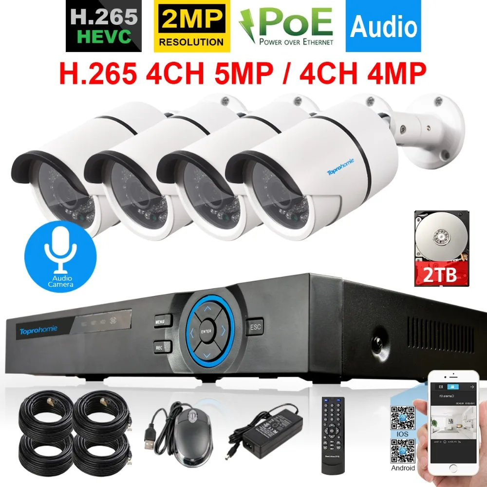 H.265 4CH 5MP POE NVR CCTV Системы 4 шт. 2MP 1080 P камеры безопасности наружного аудио записывать