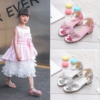 

High quality Children girl Rhinestone butterfly sandals Girls fish mouth Shoes Party Princess Shoes 26-38 pink sliver GZX03