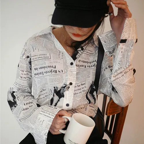 Womens Tops and Blouses 2018 Autumn Brand Design Newspaper Printed Long Sleeve Shirts Korean Fashion Clothing top femme T293 Blouses