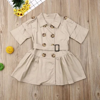 

Pudcoco Summer Newest Fashion Toddler Baby Girl Clothes Solid Color Short Sleeve Double Breasted Wind Coat Belt Casual Dress