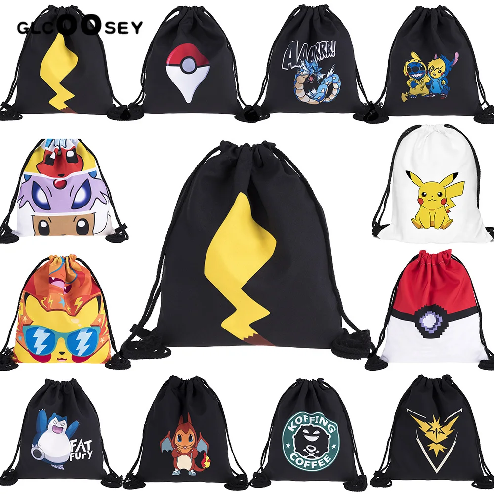 

3D Printing Elf Series Pattern Travel Drawstring Pocket Pokemon Bag Drawstring Backpack Pikachu Schoolbag Draw String Bag Canvas