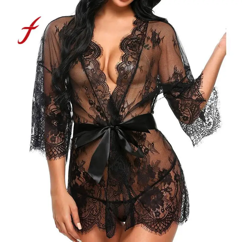 

Women Sexy Lingerie Babydoll Sleepwear Underwear Lace Coat Nightwear + Briefs + Belt